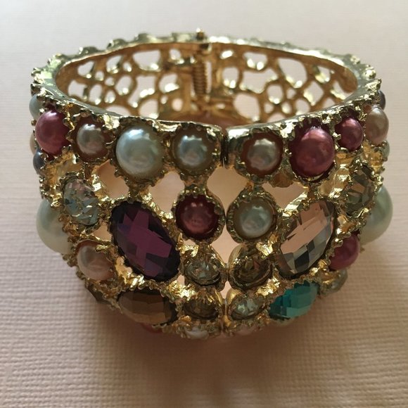 Colorful Stone Gold Bangle Bracelet GUC - Picture 2 of 3